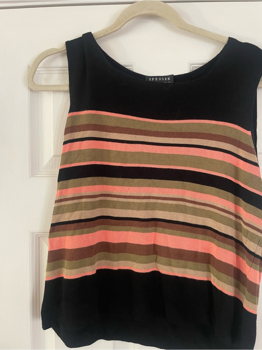 Spenser Jeremy Black Tank Top with Coral, Olive & Tan Stripes
